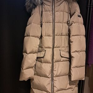 DKNY Women's Beige Puffer Jacket with Faux Fur Hood